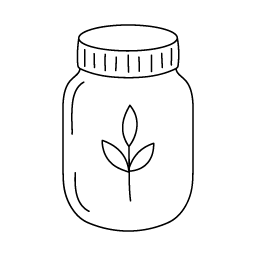 A line drawing of a bottle with healing plant inside. 